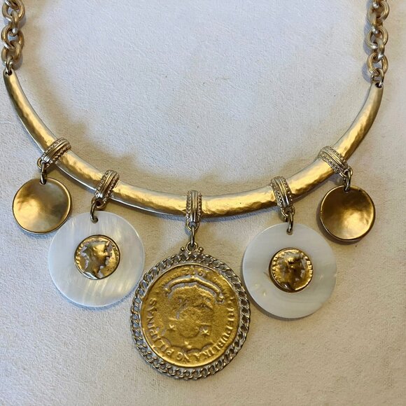 Chico's Set Necklace Bracelet Coin Pendant Gold Tone Metal Mother Of Pearl Stone - Picture 8 of 15